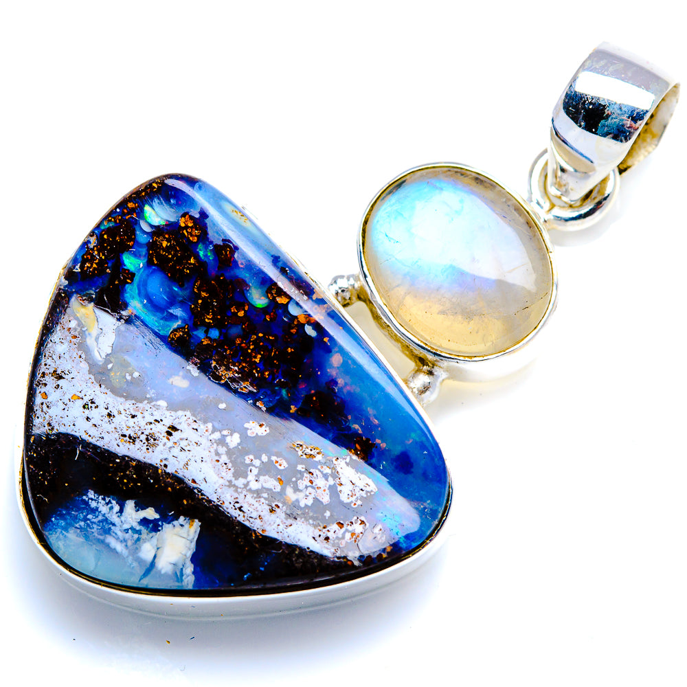 Boulder Opal, Rainbow Moonstone 925 Sterling Silver Pendant 1 3/4" (925 Sterling Silver) PD38396