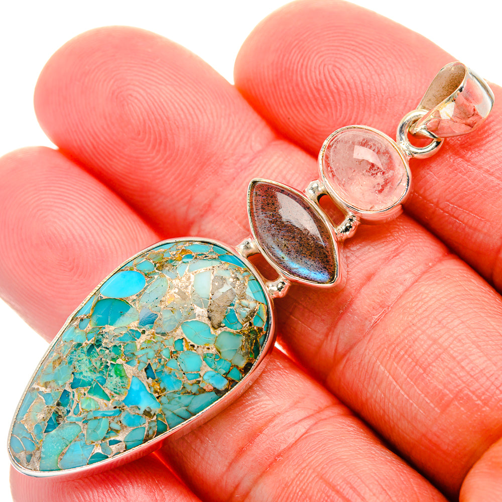 Blue Copper Composite Turquoise, Labradorite, Rose Quartz Pendant 2 1/2" (925 Sterling Silver) PD38129