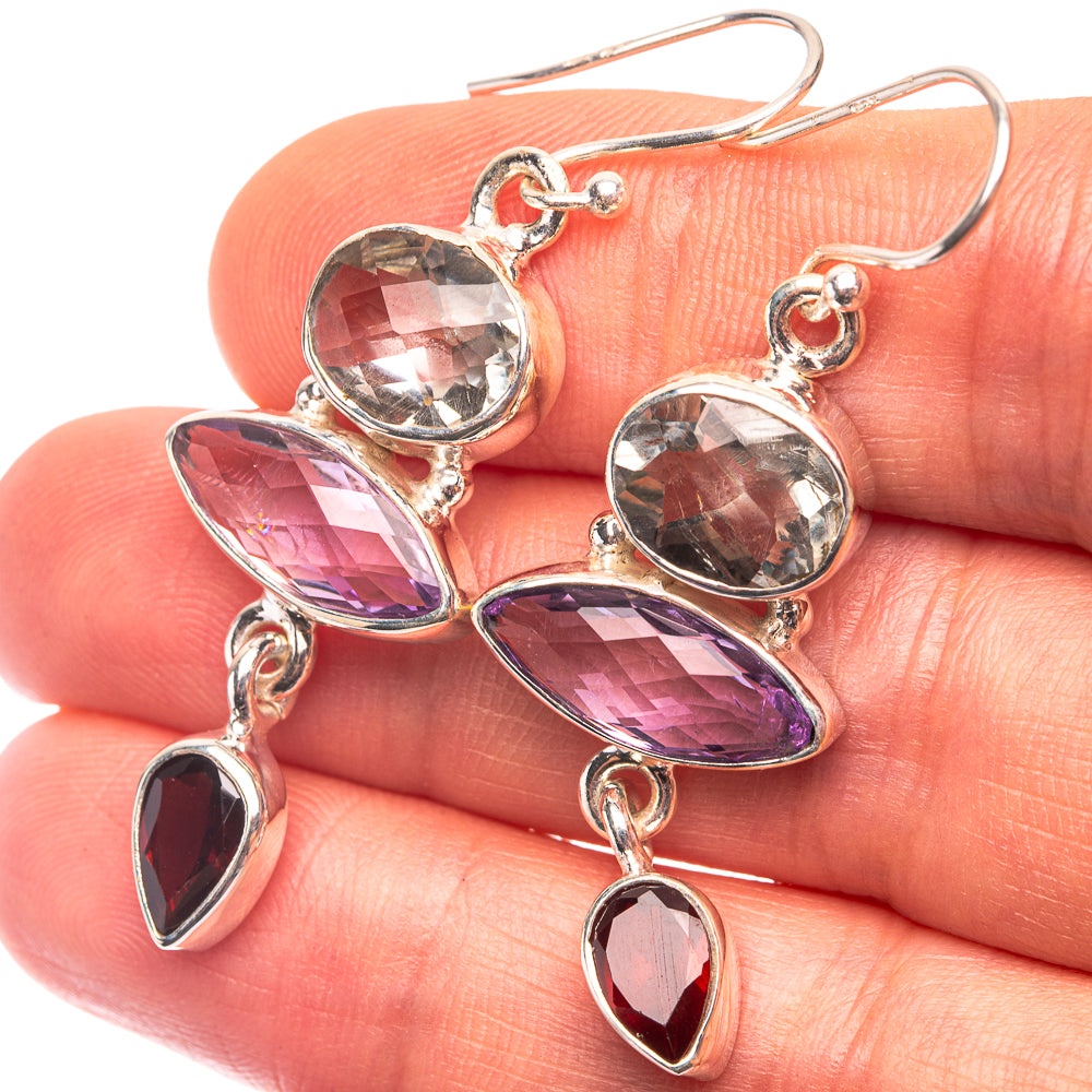 Faceted Amethyst, White Quartz, Garnet Earrings 1 7/8" (925 Sterling Silver) E432270