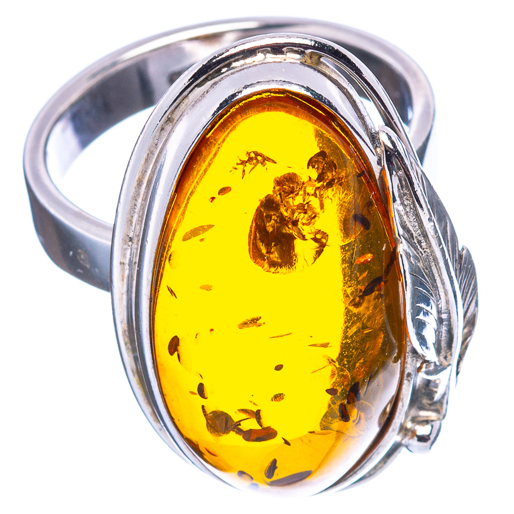 Baltic Amber Leaf Ring Size 7 Adjustable (.925 Sterling Silver)