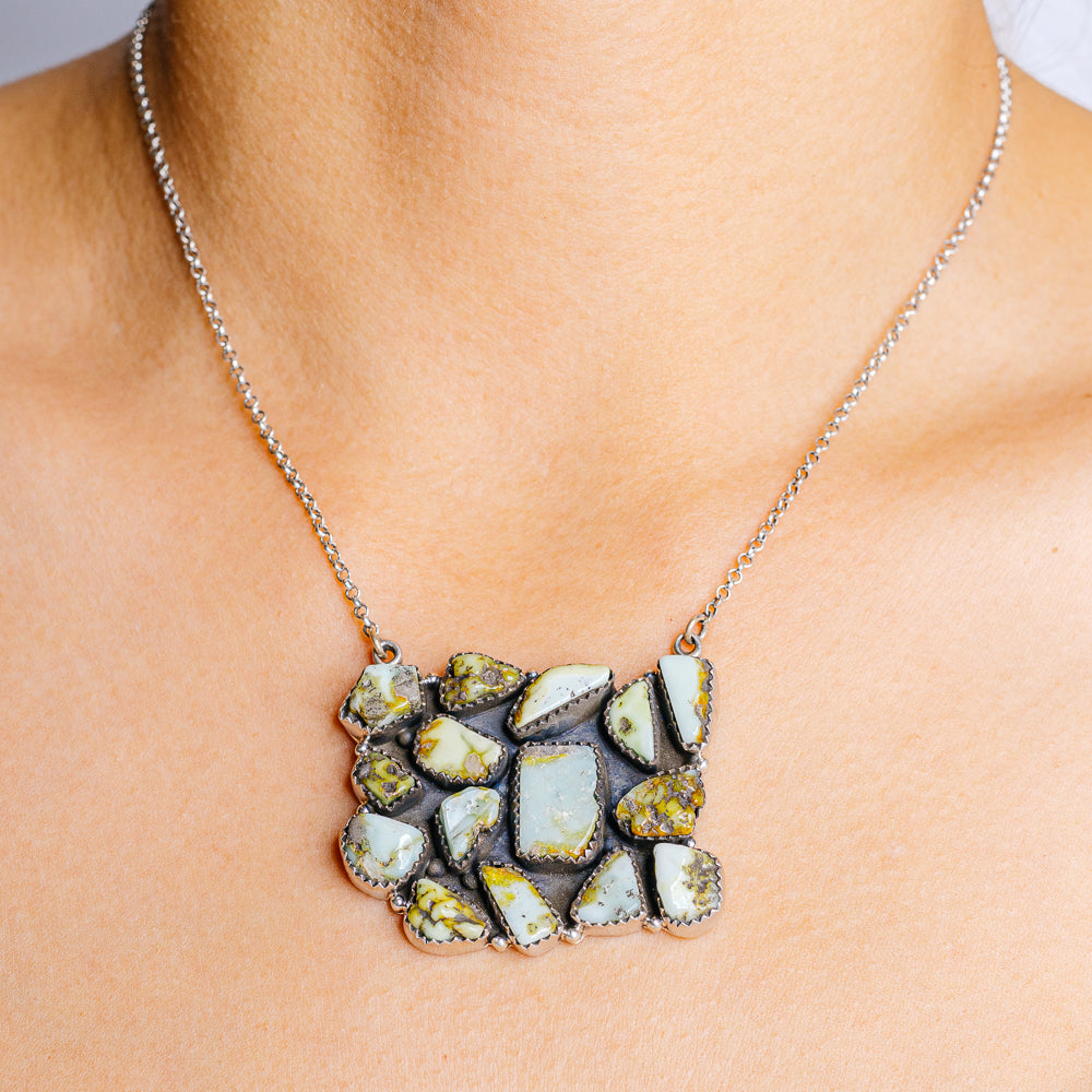 Exclusive Native Style Sonoran Gold Turquoise Necklace 16 to 18" (.925 Sterling Silver)