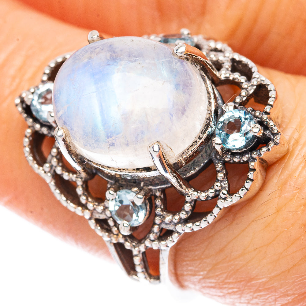 Rainbow Moonstone, Blue Topaz Ring Size 7 (925 Sterling Silver) R3029