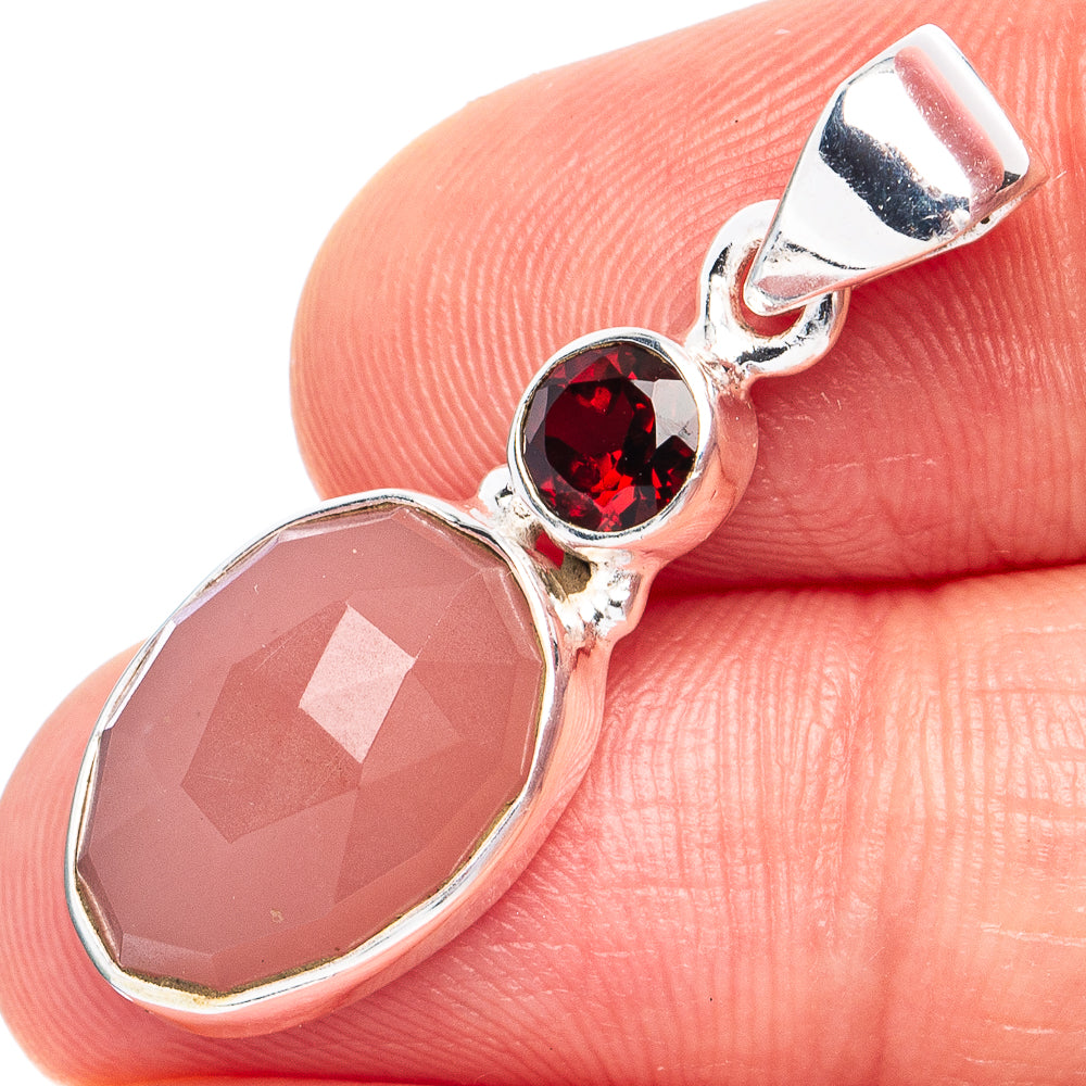 Dainty Pink Opal, Garnet Pendant 1 1/4" (925 Sterling Silver) P45277