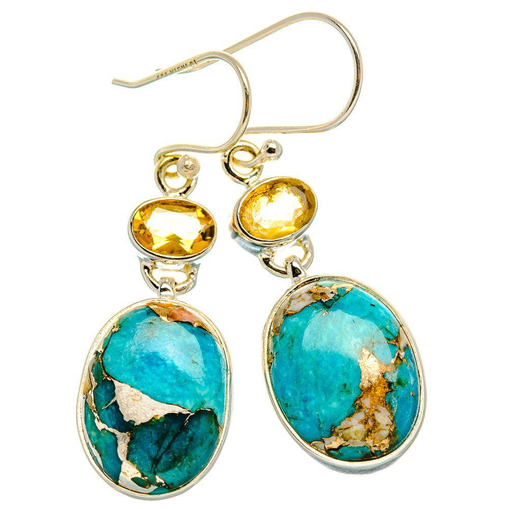 Spiny Oyster Turquoise, Citrine Earrings 1 3/4" (925 Sterling Silver) EARR432034