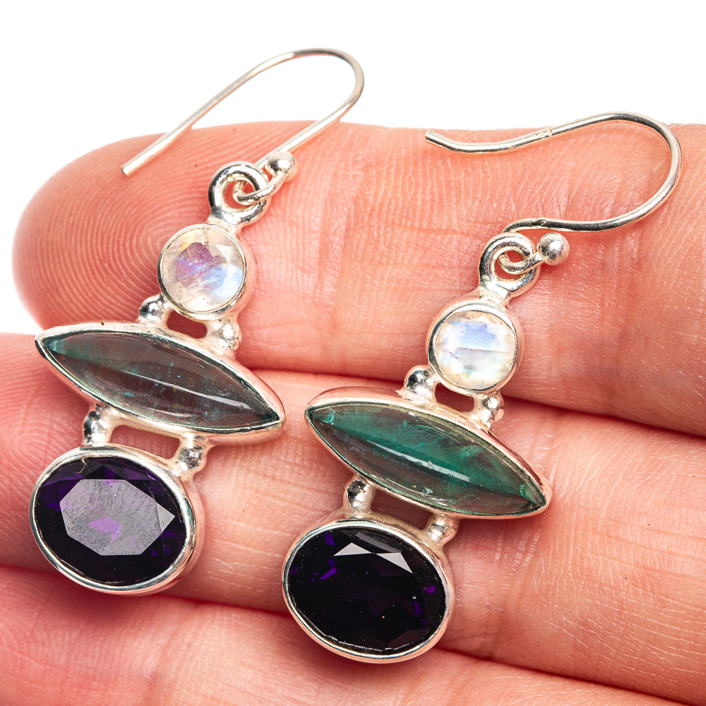 Blue Fluorite, Amethyst, Rainbow Moonstone Earrings 1 5/8" (925 Sterling Silver) E432664