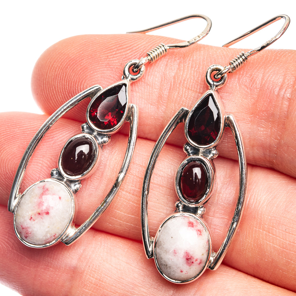 Thulite, Garnet Earrings 1 3/4" (925 Sterling Silver) E432643