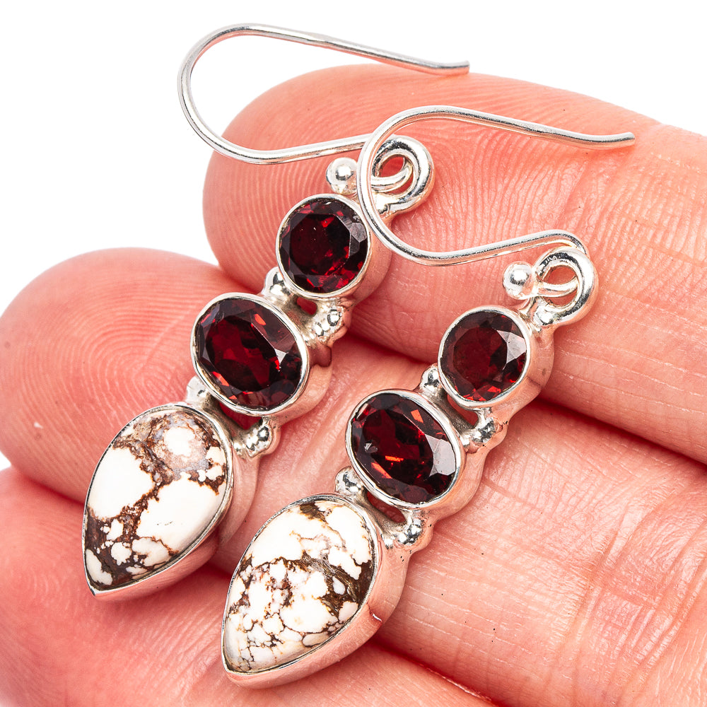 Wild Horse Jasper, Garnet Earrings 1 5/8" (925 Sterling Silver) E1765