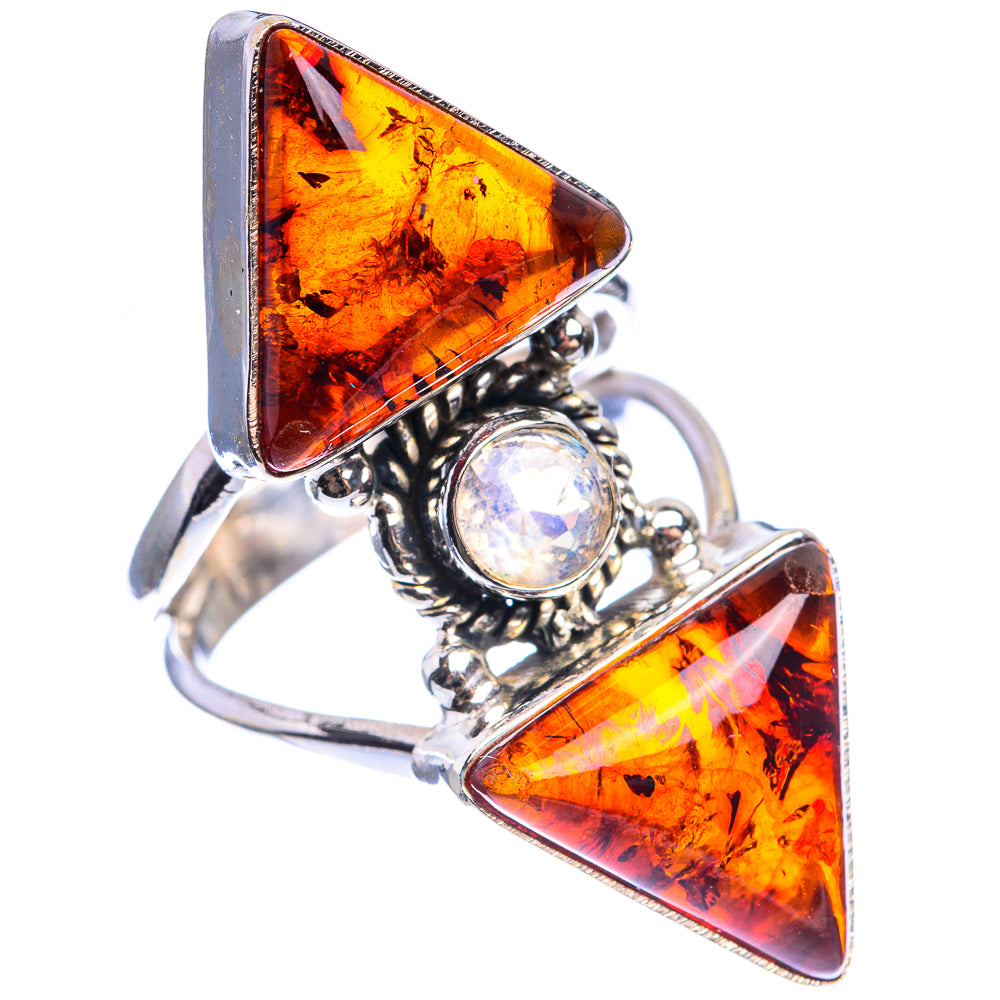 Large Baltic Amber, Rainbow Moonstone Ring Size 6.75 (925 Sterling Silver) RING143472