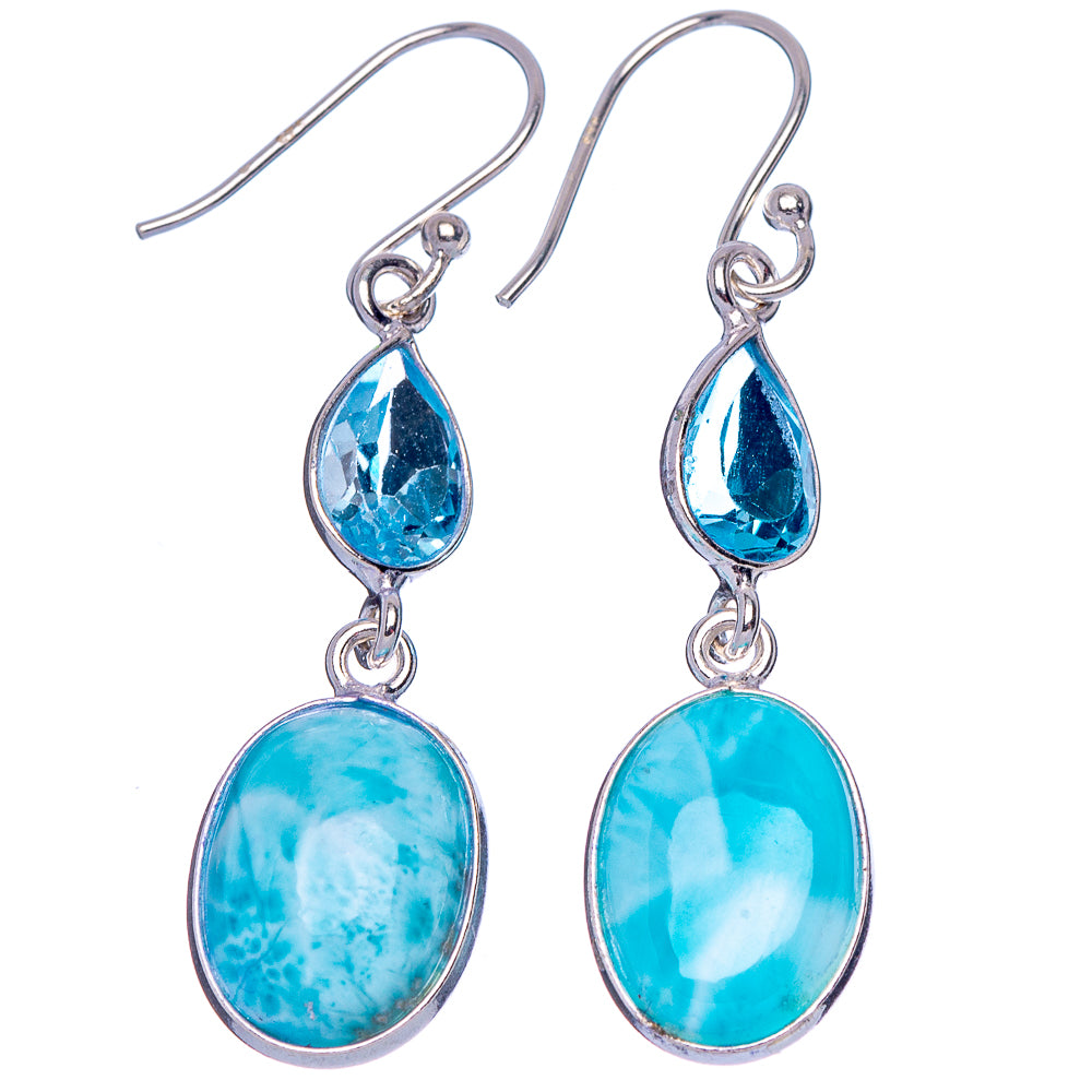 Rare Larimiar, Blue Topaz Earrings 1 3/4" (.925 Sterling Silver)