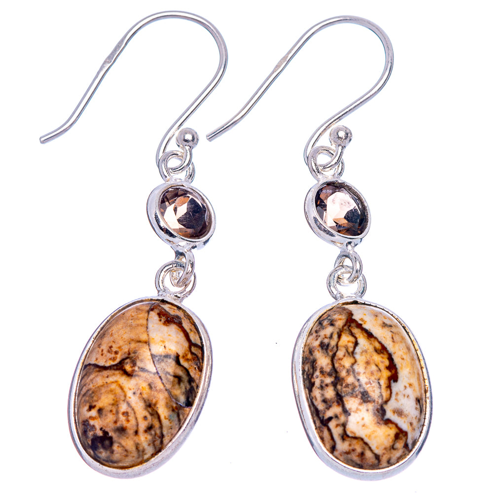 Picture Jasper, Smoky Quartz Earrings 1 5/8" (925 Sterling Silver) E433455