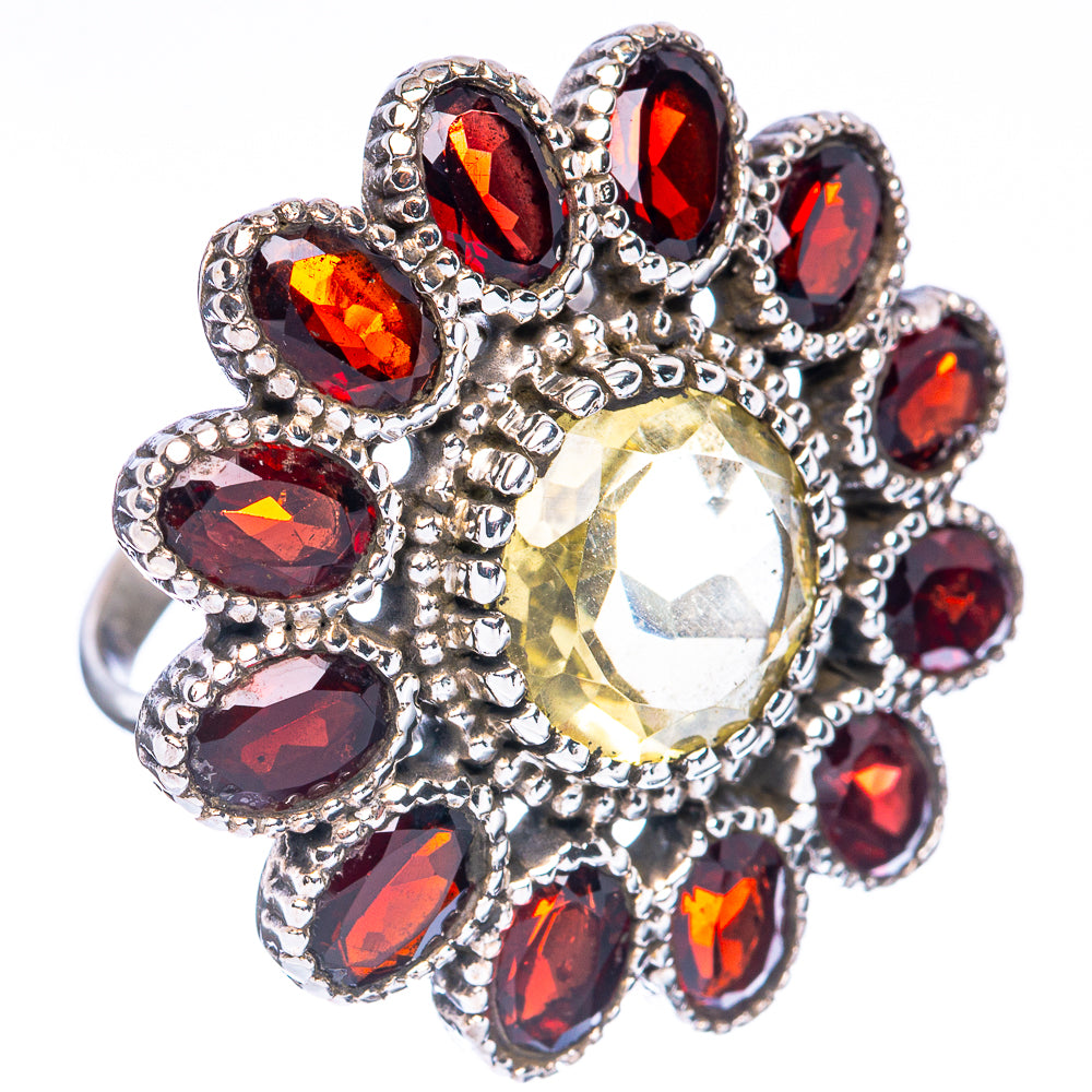 Faceted Citrine, Garnet Large Flower Ring Size 6.5 (925 Sterling Silver) R3115