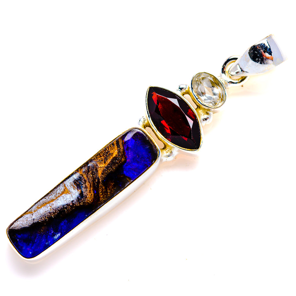 Australian Boulder Opal, Garnet, White Quartz Pendant 2" (925 Sterling Silver) PD38181