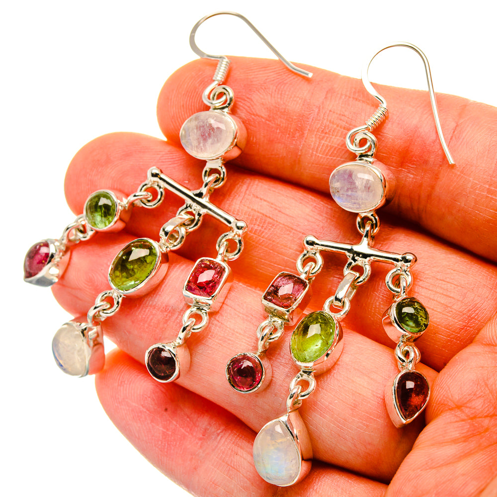 Signature Rainbow Moonstone, Pink Tourmaline, Green Tourmaline Earrings 2 1/2" (925 Sterling Silver) EARR431976