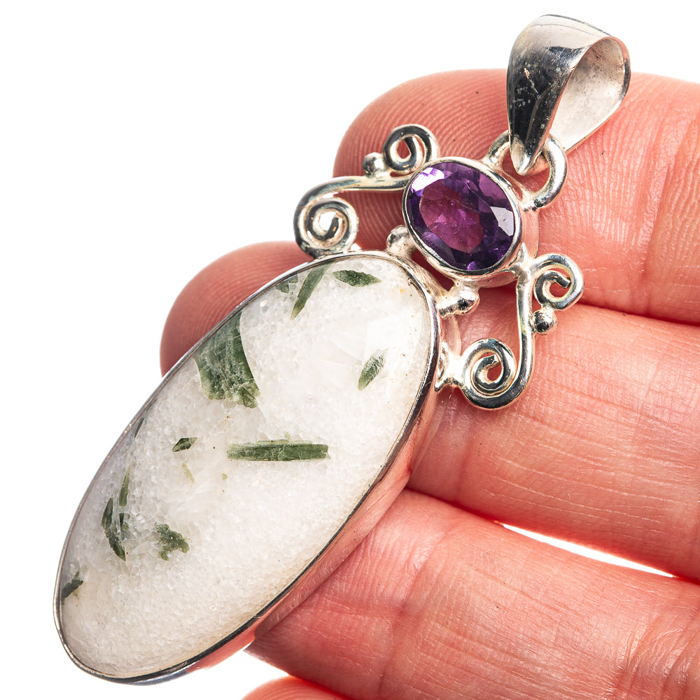 Green Tourmaline In Quartz, Amethyst 925 Sterling Silver Pendant 2 1/8"