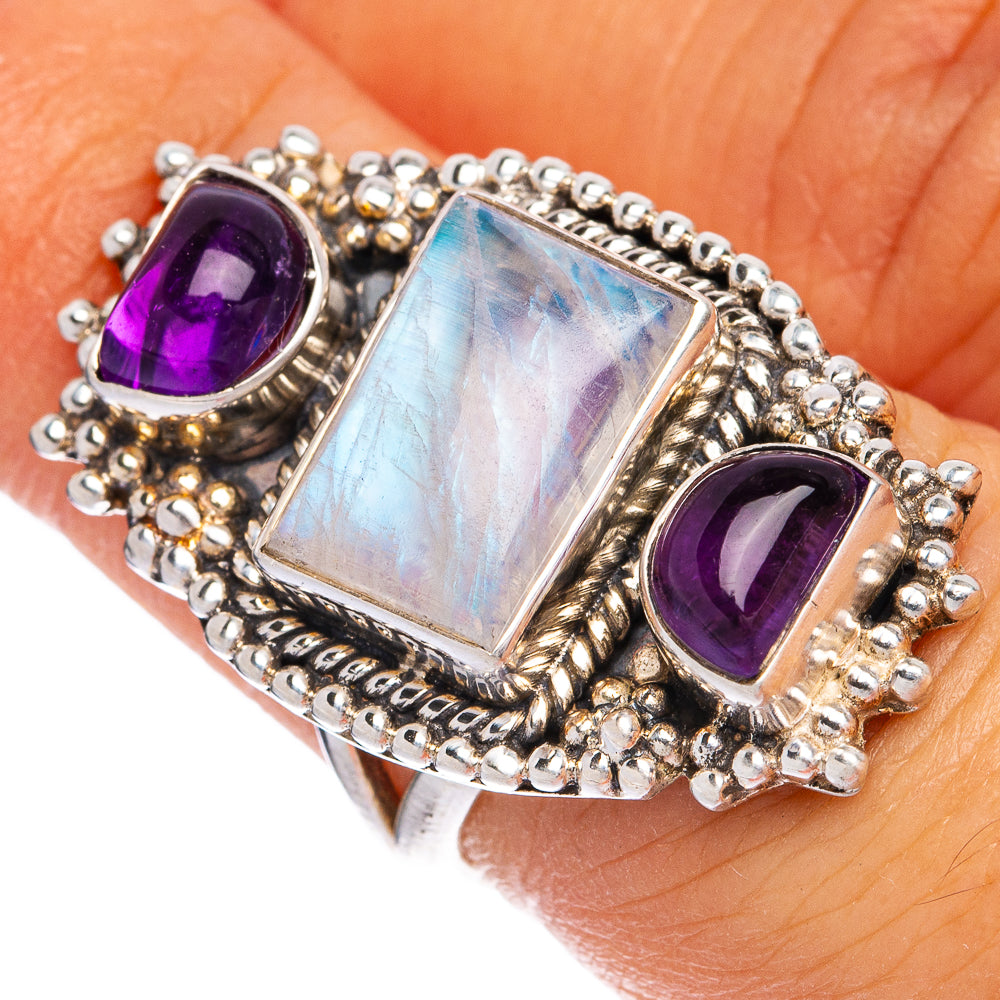 Rainbow Moonstone, Amethyst Ring Size 6 (925 Sterling Silver) R145332