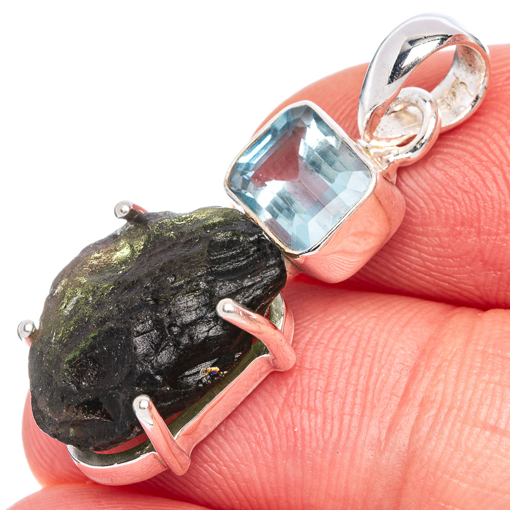 Rare Czech Moldavite, Blue Topaz Pendant 1 3/8" (925 Sterling Silver) P39941