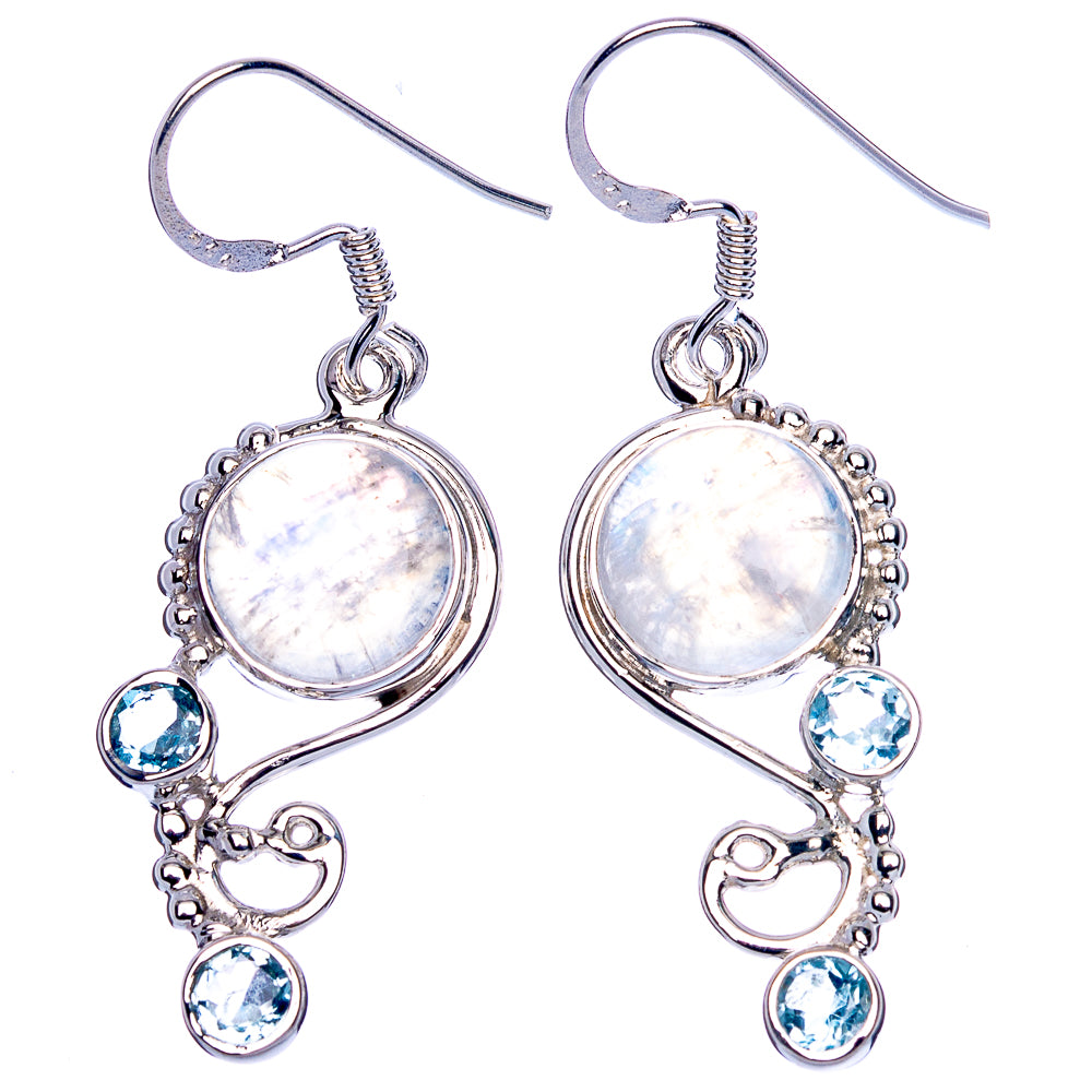 Premium Rainbow Moonstone, Blue Topaz Earrings 1 3/4" (925 Sterling Silver) E1183