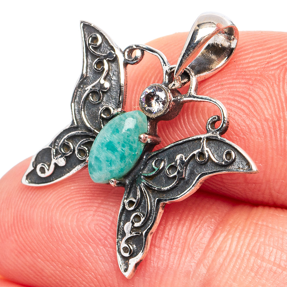 Dainty Amazonite, White Quartz Butterfly Pendant 7/8" (925 Sterling Silver) P45299