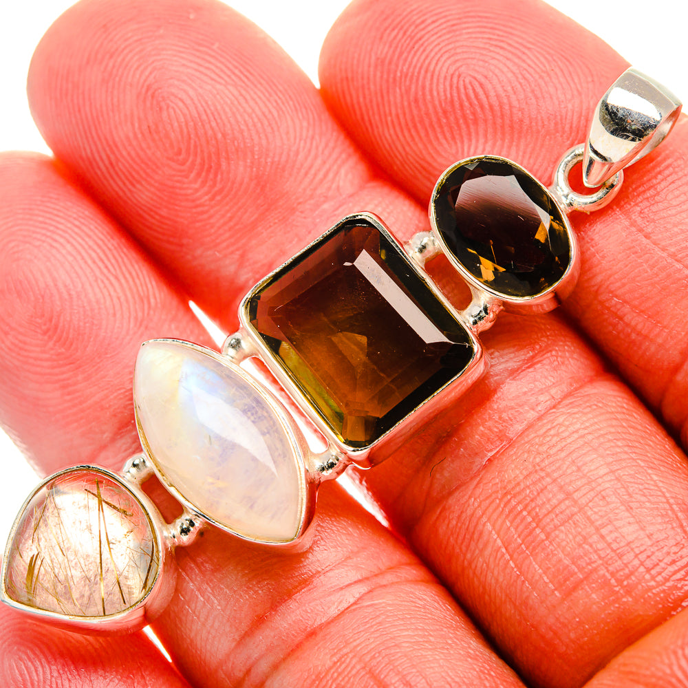 Smoky Quartz, Rainbow Moonstone, Rutilated Quartz Pendant 2 3/8" (925 Sterling Silver) PD37999