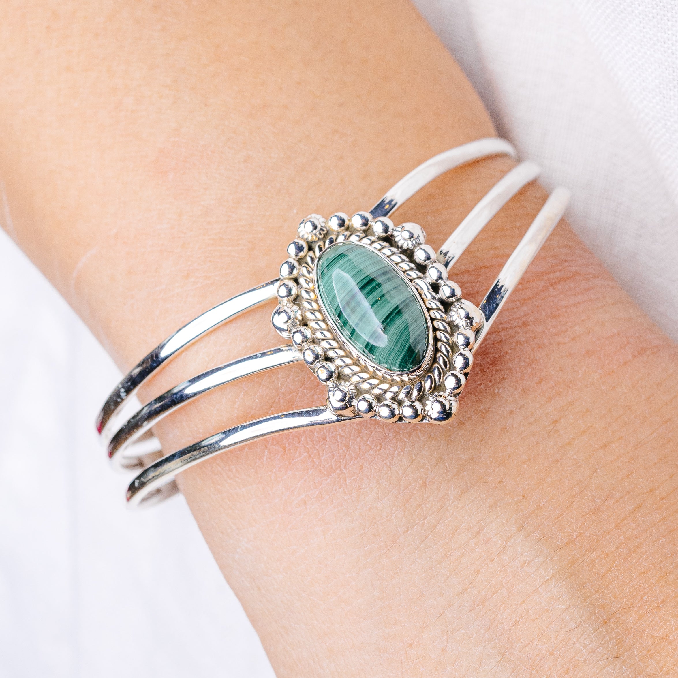 Malachite Cuff Bracelet Adjustable (925 Sterling Silver) B90417