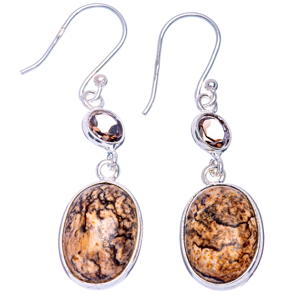 Picture Jasper, Smoky Quartz Earrings 1 5/8" (925 Sterling Silver) E433481