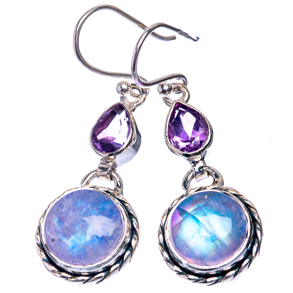 Rainbow Moonstone, Amethyst Earrings 1 5/8" (925 Sterling Silver) E432601