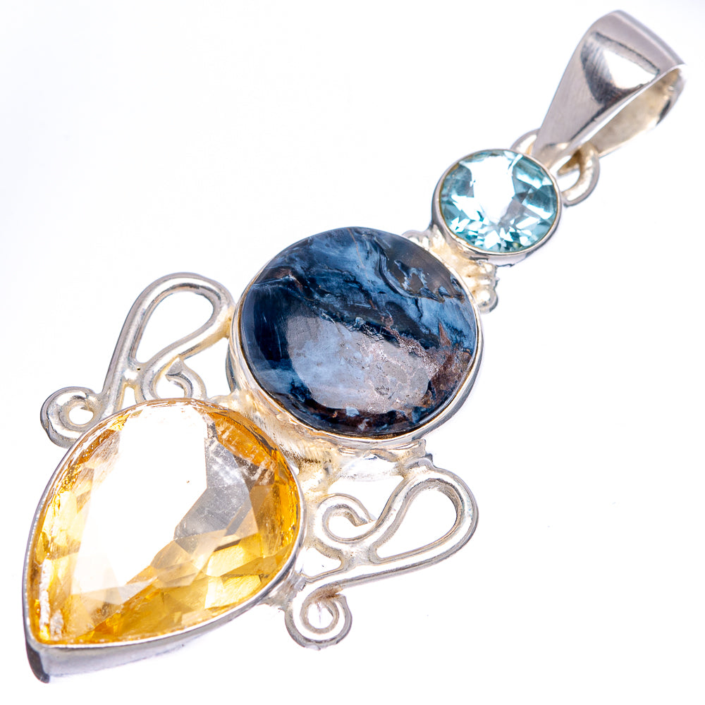Premium Pietersite, Rainbow Moonstone, Amethyst Pendant 1 7/8" (.925 Sterling Silver)