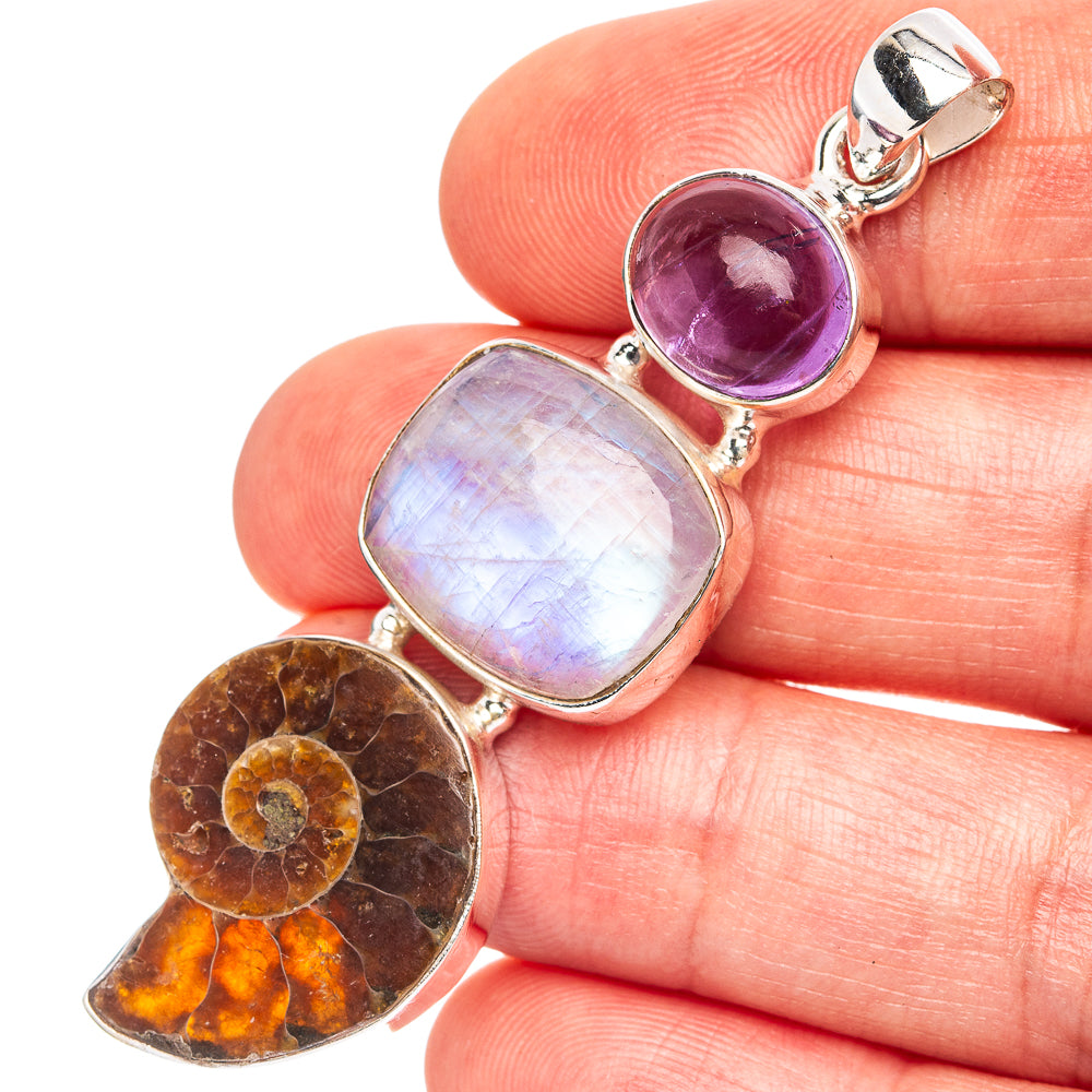 Premium Ammonite Fossil, Rainbow Moonstone, Amethyst Pendant 2 3/8" (.925 Sterling Silver)