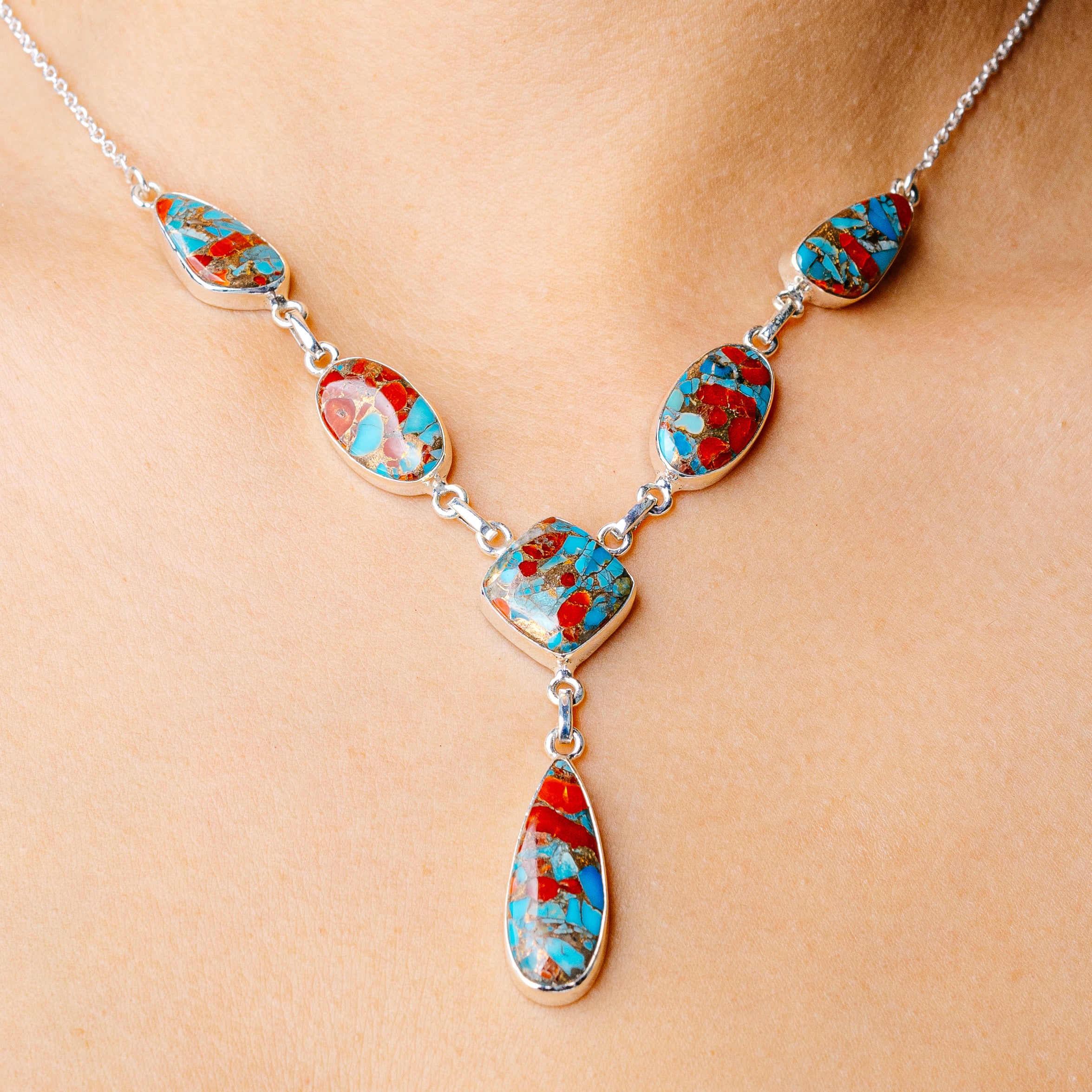 Coral Turquoise Matrix Necklace 19 5/8 To 21 3/8" (925 Sterling Silver) N90289