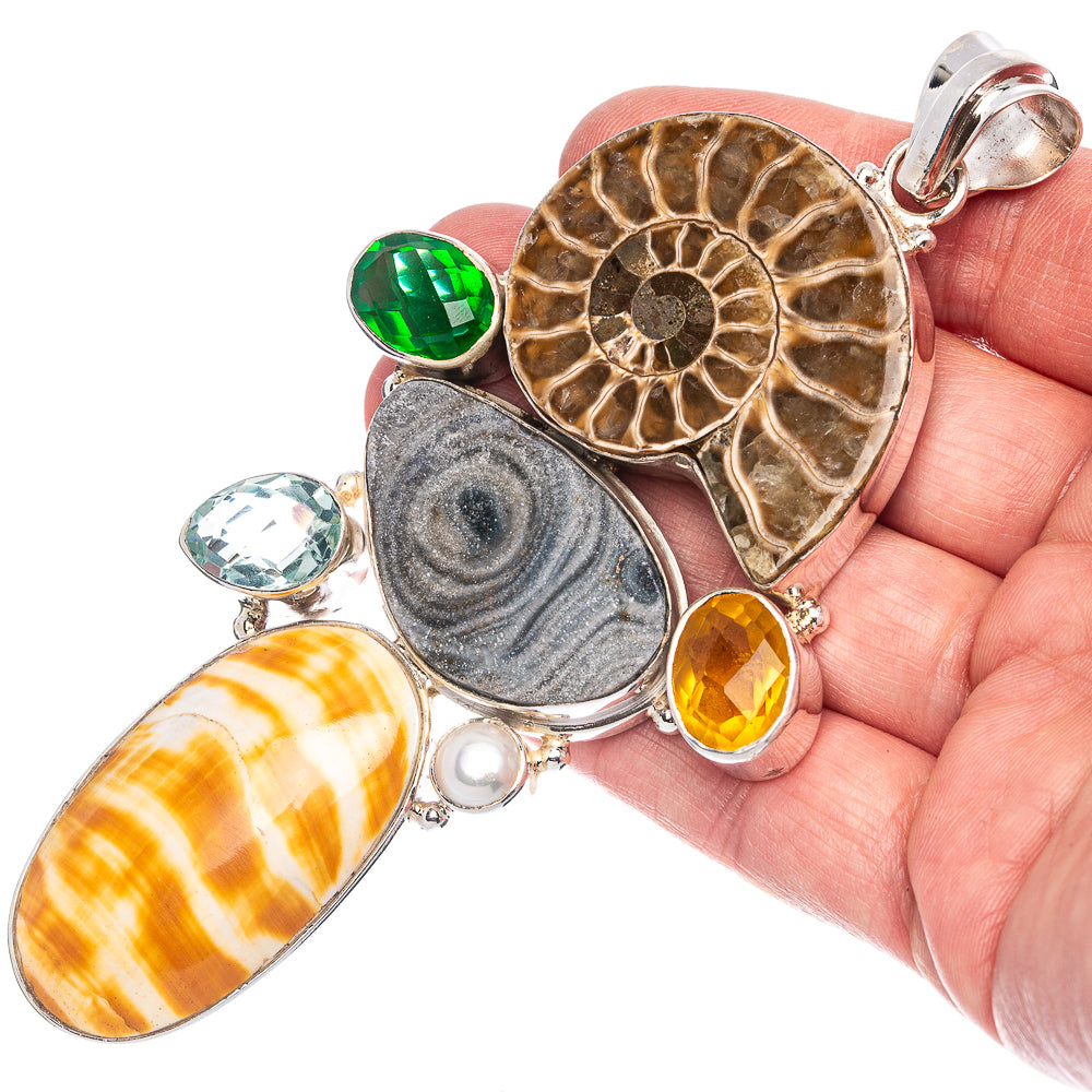 Gigantic Ammonite Fossil, Desert Druzy, Ocean Sea Shell, Citrine, Blue Topaz, Green Onyx Pendant 4 5/8" (925 Sterling Silver) P40114