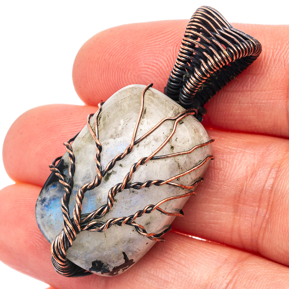 Rainbow Moonstone with Black Tourmaline Tree of Life Pendant 1 5/8" (Oxidized Copper)
