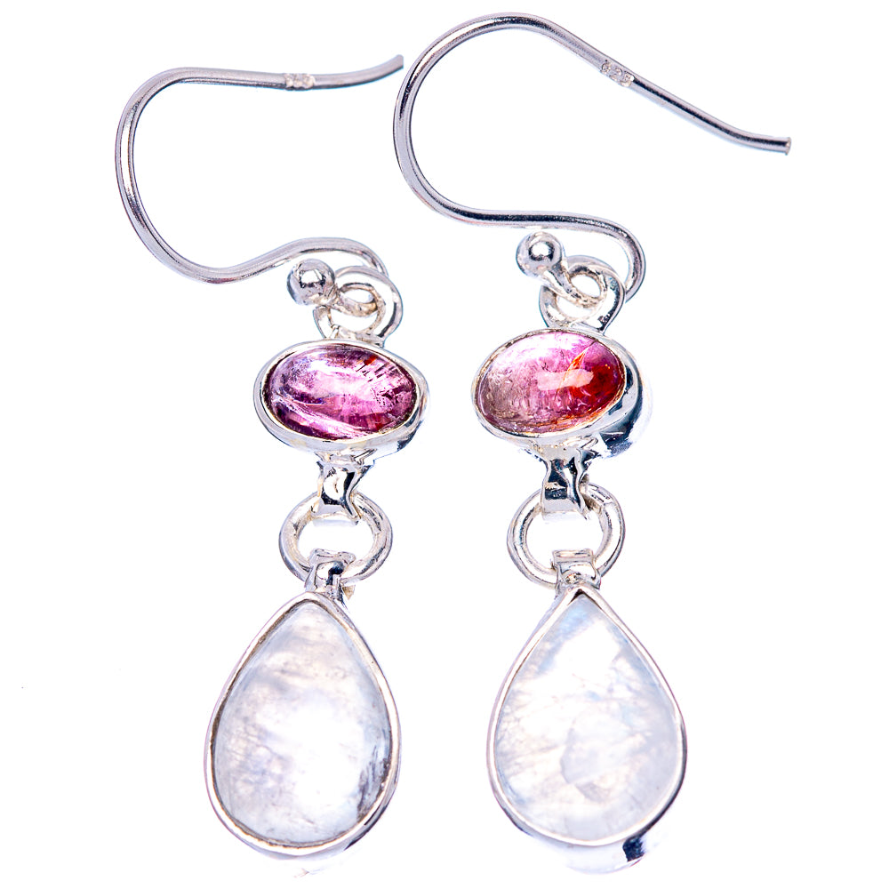 Rainbow Moonstone, Pink Tourmaline Earrings 1 3/8" (925 Sterling Silver) E1457