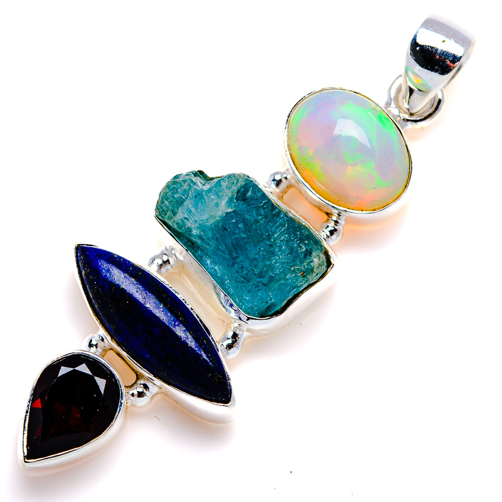 Aquamarine, Lapis Lazuli, Garnet, Ethiopian Opal Pendant 2" (925 Sterling Silver) PD38074