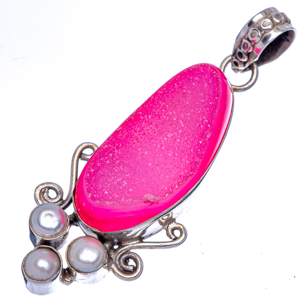 Pink Druzy, Cultured Pearl Pendant 2 3/8" (925 Sterling Silver) P40034