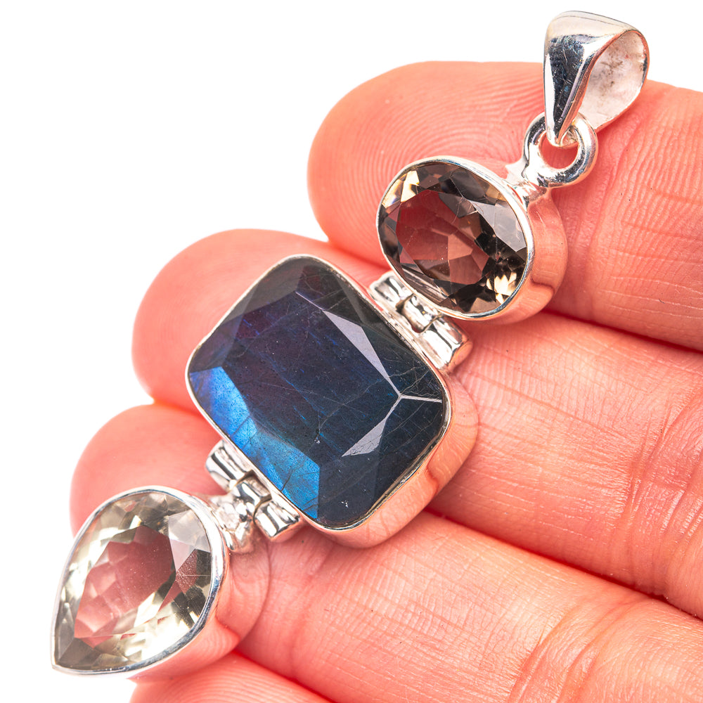Labradorite, White Quartz, Smoky Quartz Pendant 2 1/8" (925 Sterling Silver) P38697