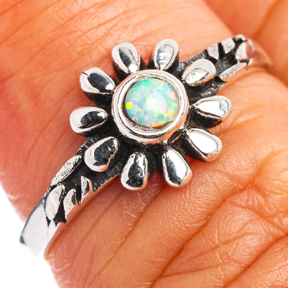 Lab Opal Flower Dainty Ring Size 6 (.925 Sterling Silver)