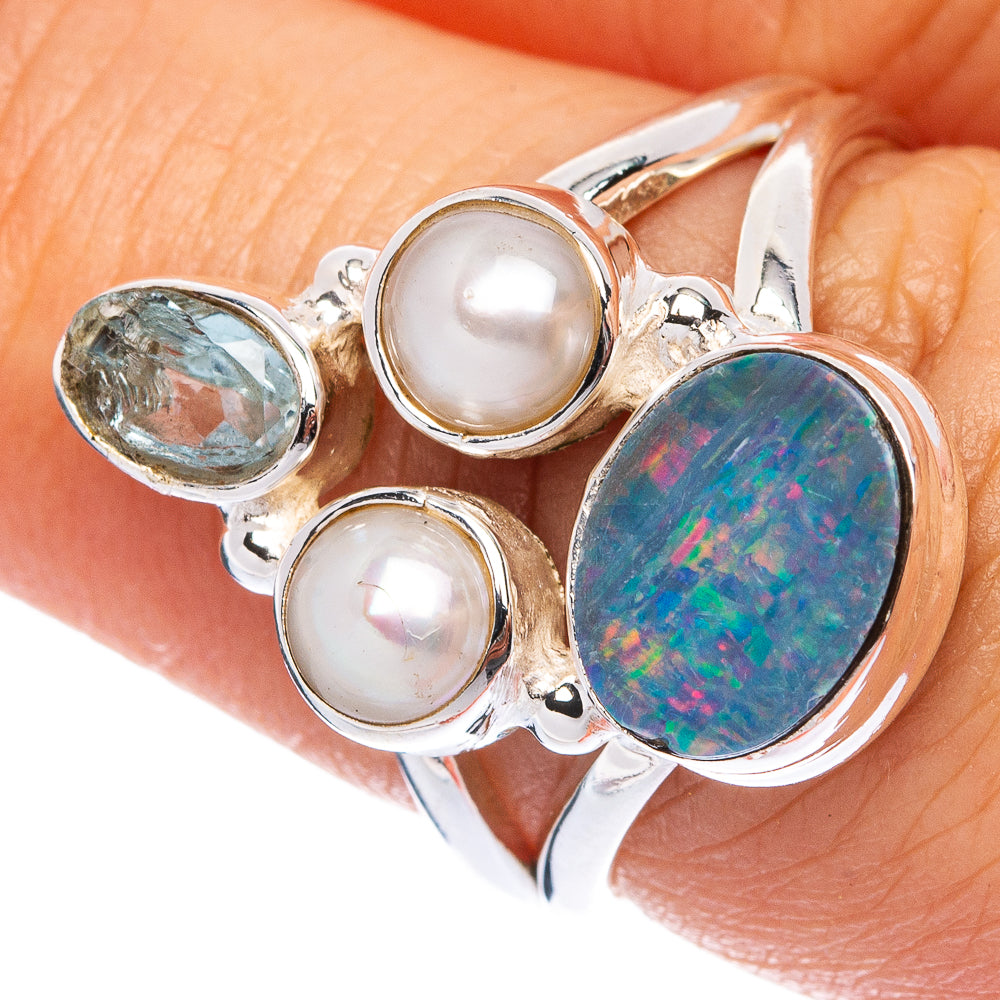 Rare Australian Fire Opal, Blue Topaz, Cultured Pearl Ring Size 7 (925 Sterling Silver) R145563