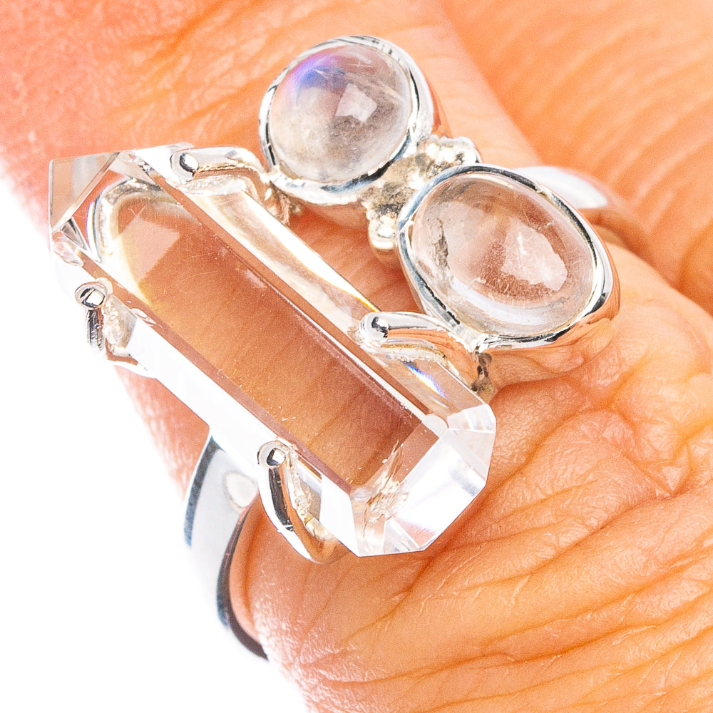 Premium Quartz Point, Rainbow Moonstone Ring Size 6 (925 Sterling Silver) R8031