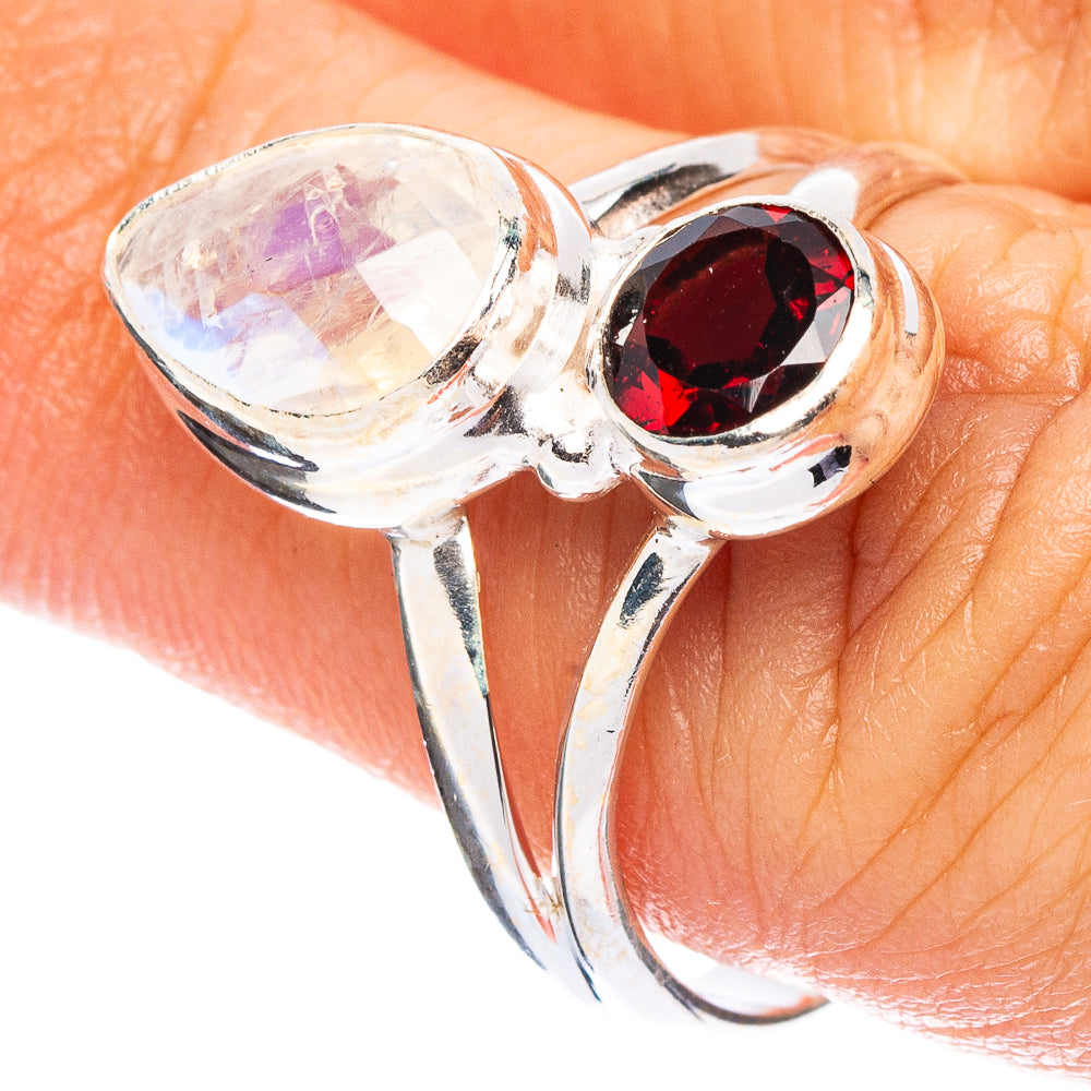 Rainbow Moonstone, Garnet Ring Size 8 (925 Sterling Silver) R7910