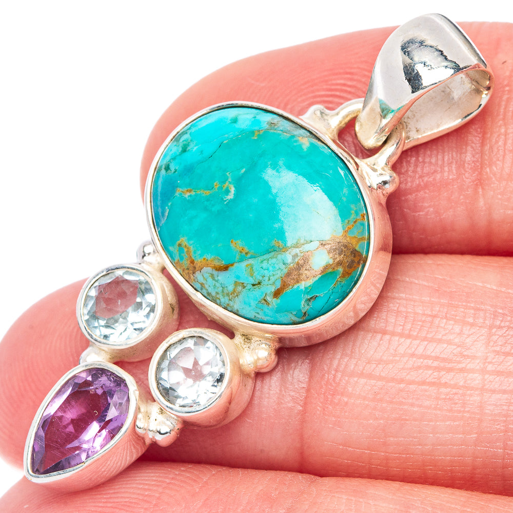 Rare Kingman Turquoise, Amethyst, Blue Topaz Pendant 1 1/2" (925 Sterling Silver) P41067