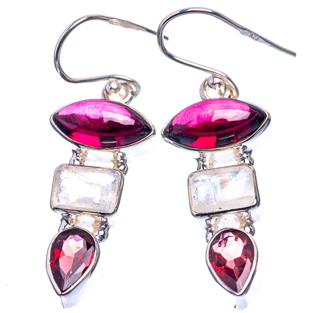 Garnet, Rainbow Moonstone, Pink Quartz Earrings 1 5/8" (925 Sterling Silver) E432407