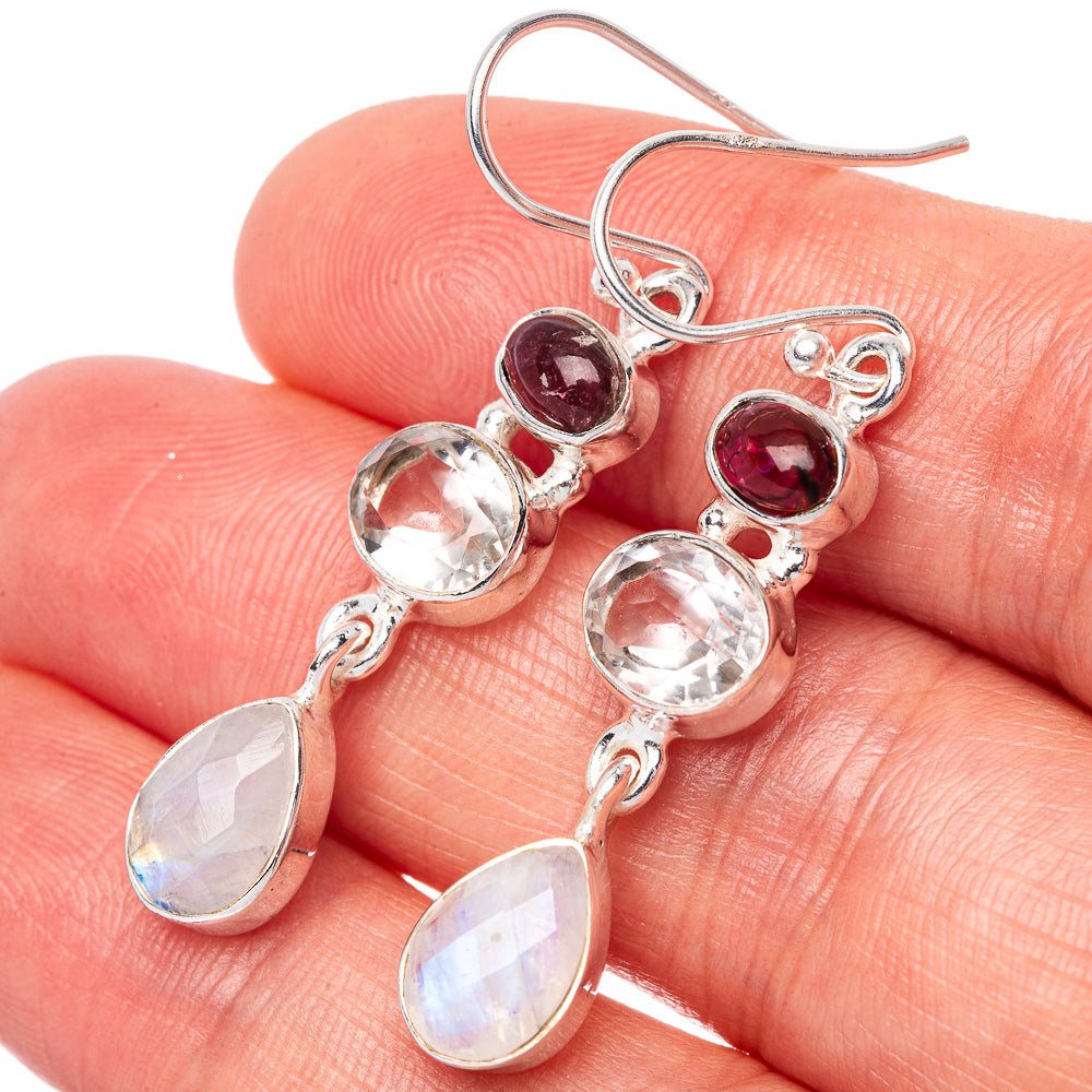 Rainbow Moonstone, White Quartz, Garnet 925 Sterling Silver Earrings 1 3/4" (925 Sterling Silver) E1427