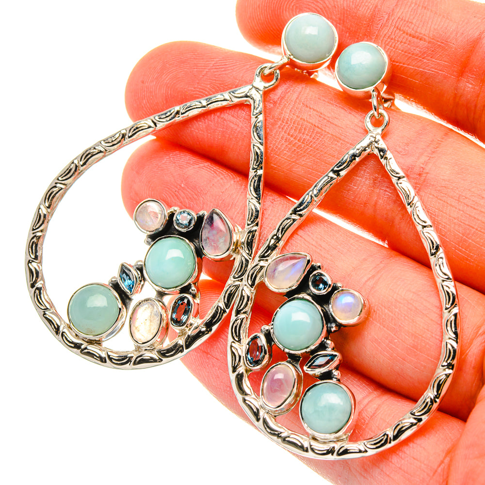 Signature Larimar, Rainbow Moonstone, Blue Topaz Earrings 2 1/4" (925 Sterling Silver) EARR431977