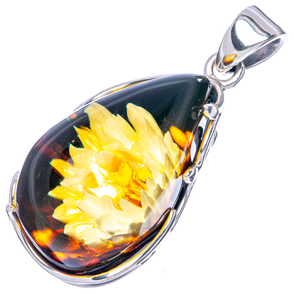 Amber Intaglio Sunflower Pendant 1 5/8" (925 Sterling Silver) P42562