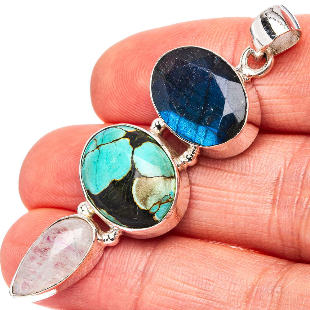 Premium Tibetan Turquoise, Labradorite, Rainbow Moonstone Pendant 2 1/4" (.925 Sterling Silver)
