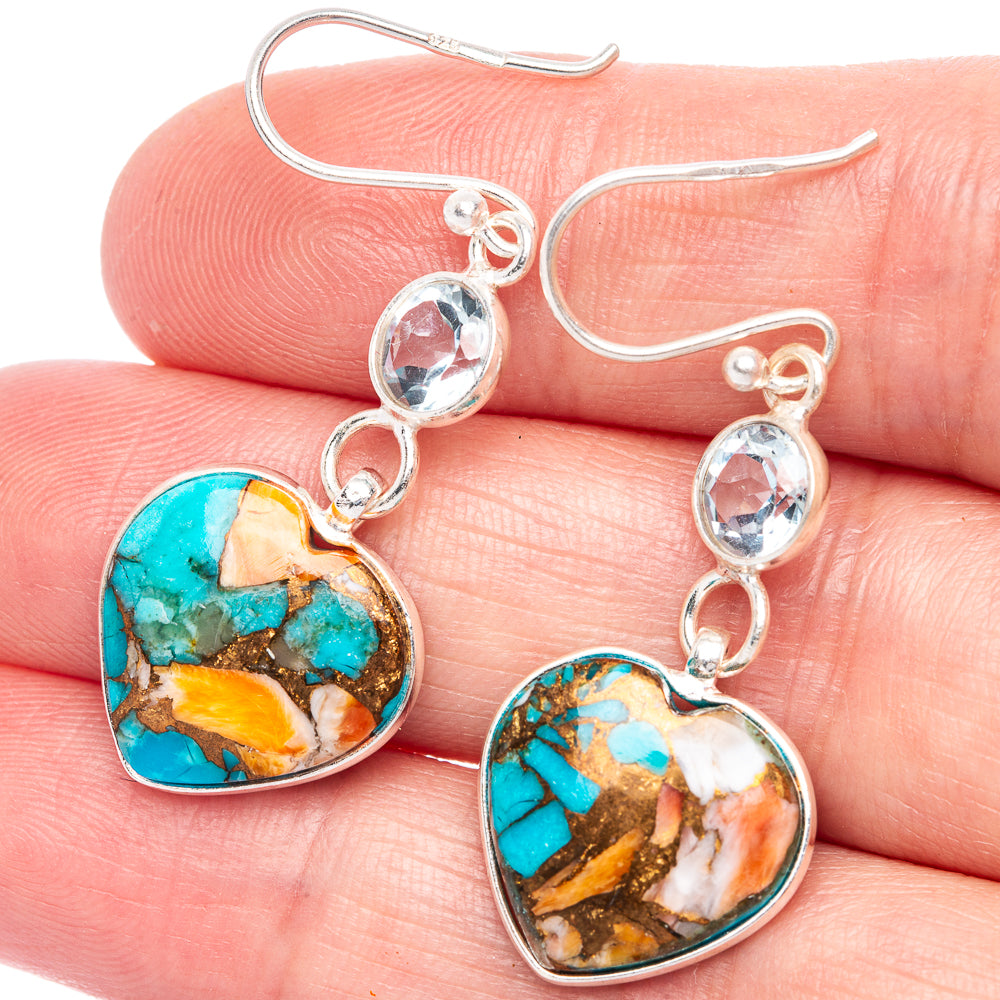Spiny Oyster Turquoise, Blue Topaz Earrings 1 5/8' (925 Sterling Silver) E433310