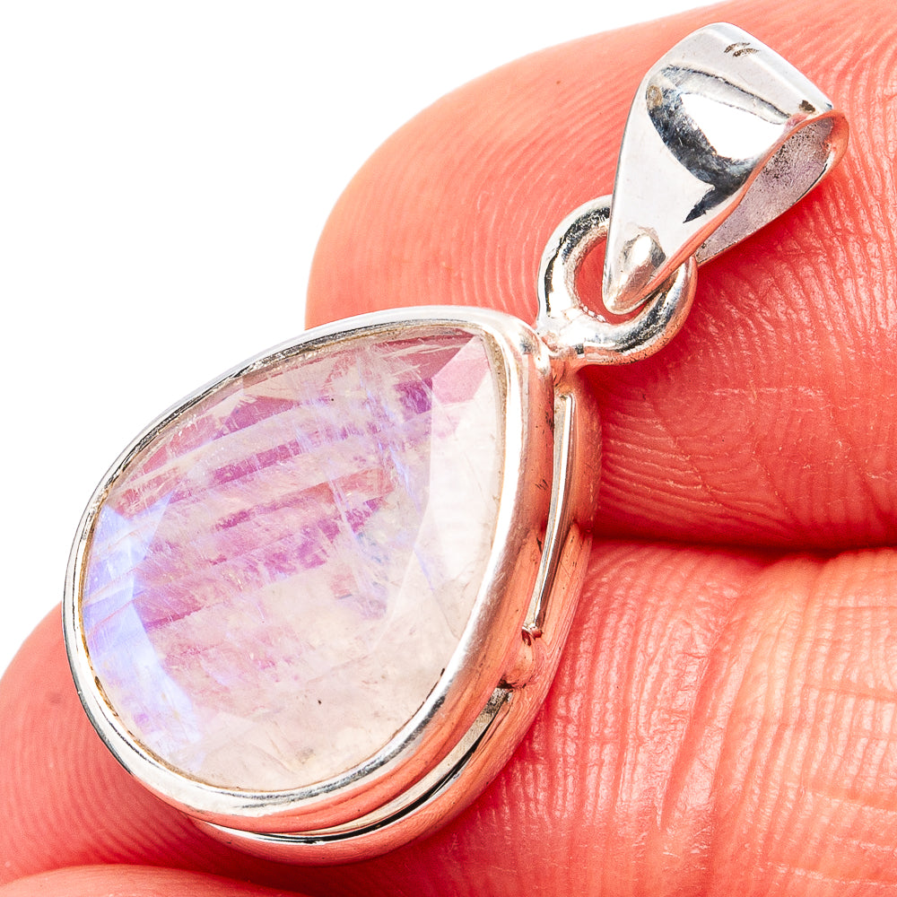Faceted Rainbow Moonstone Dainty Pendant 1 1/8" (.925 Sterling Silver)