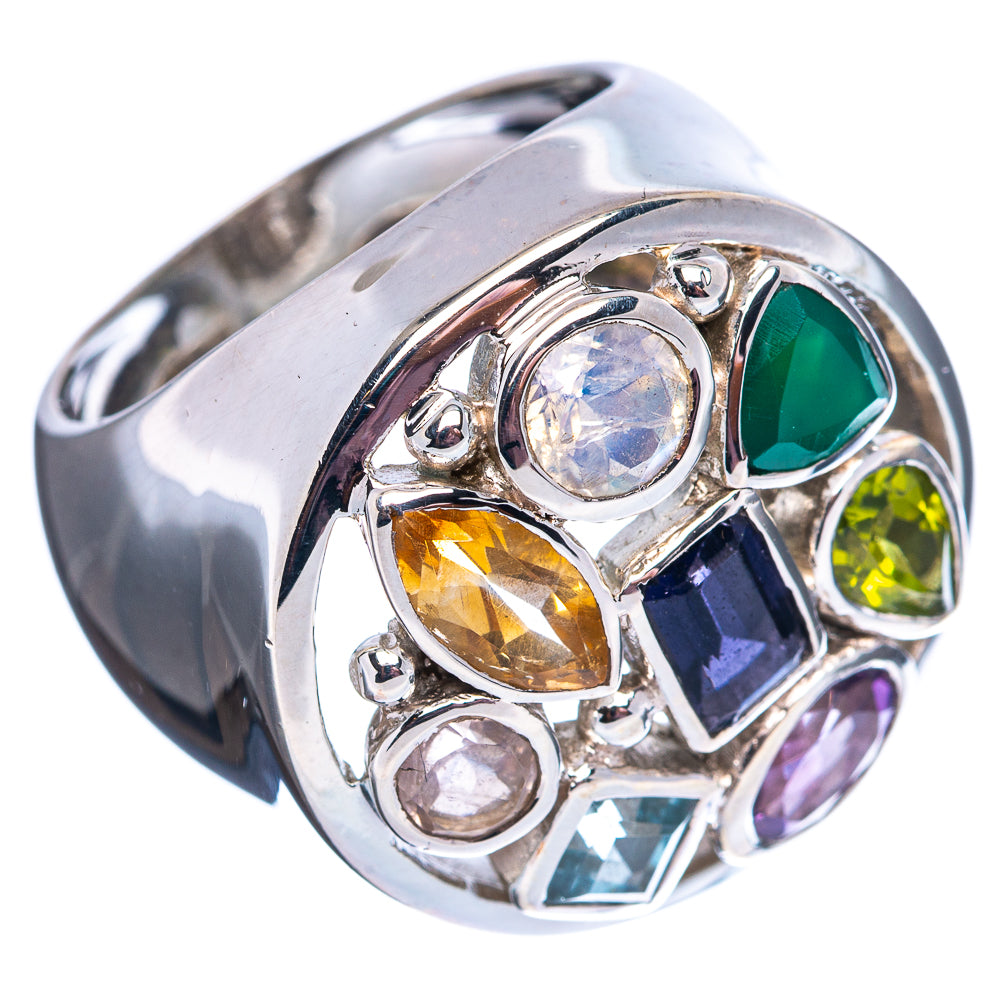 Premium Faceted Multi-Gem Tanzanite, Blue Topaz, Rose Quartz, Citrine, Rainbow Moonstone, Green Onyx, Peridot, Amethyst Ring Size 6.75 (.925 Sterling Silver)