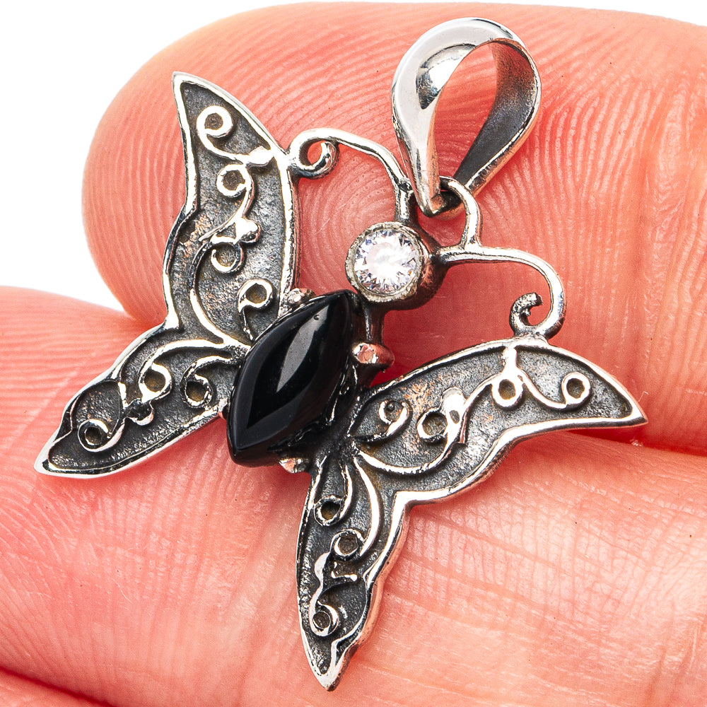 Dainty Black Onyx, White Quartz Butterfly Pendant 1" (925 Sterling Silver) P45334