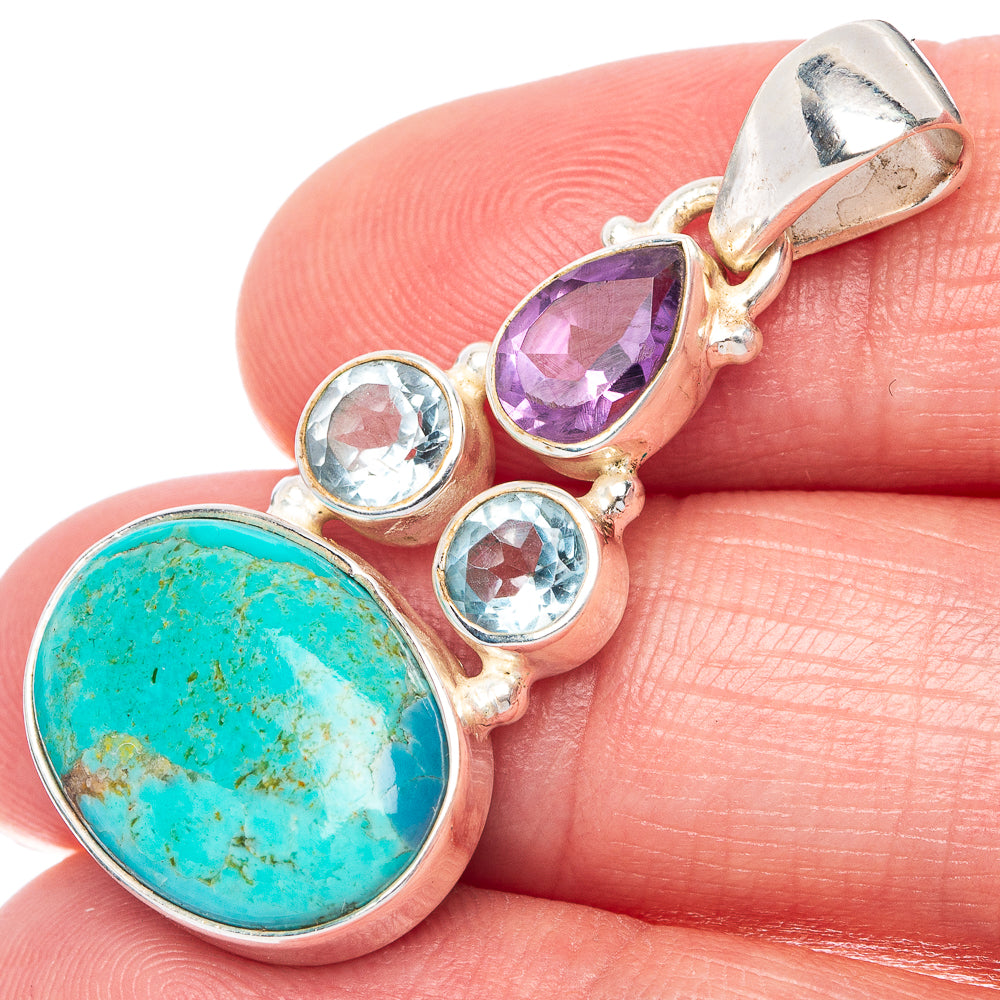 Rare Kingman Turquoise, Amethyst, Blue Topaz Pendant 1 1/2" (925 Sterling Silver) P41069